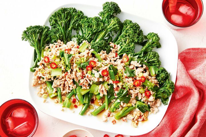 Thai-style chicken mince with broccolini.