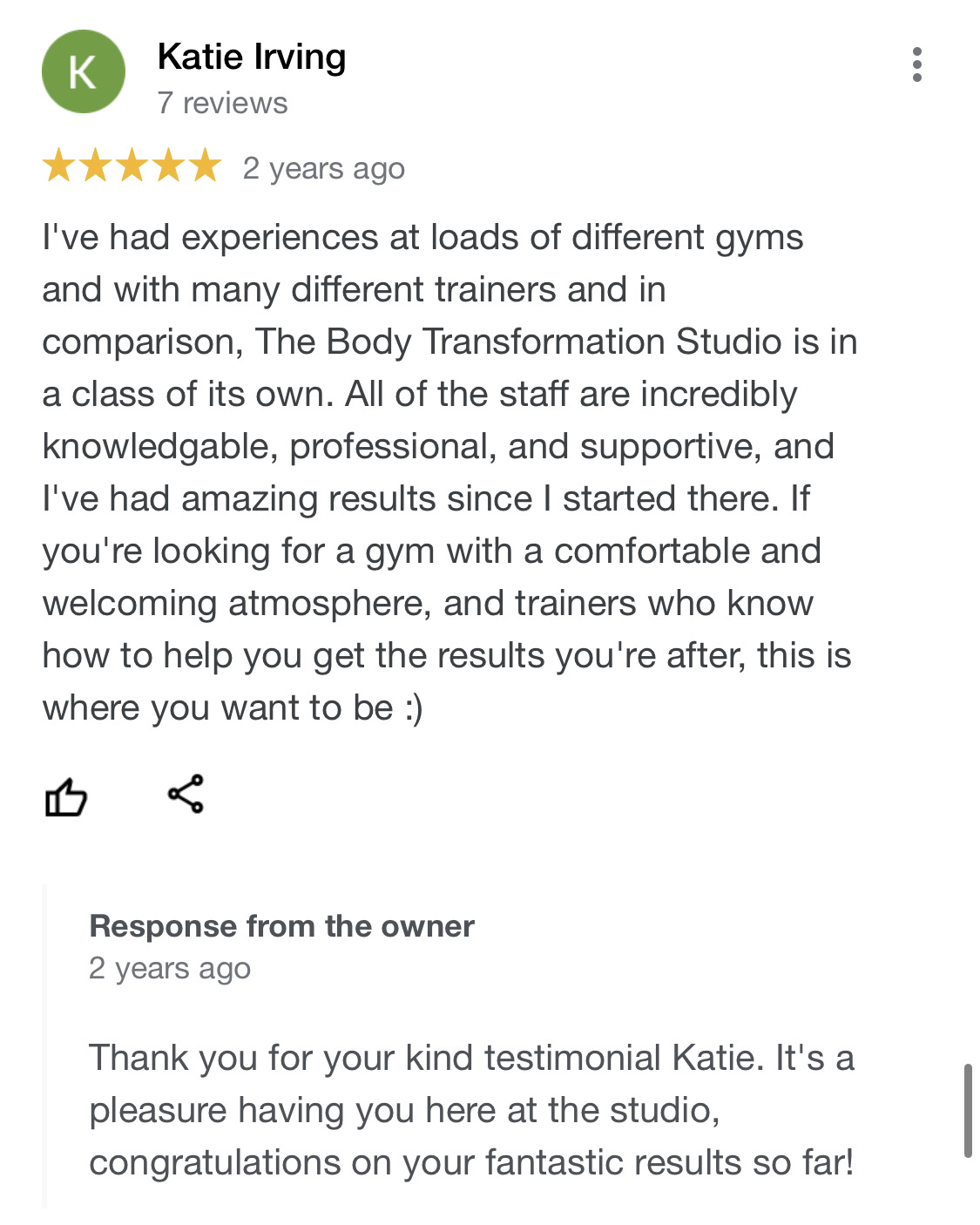 Katie Irving google review