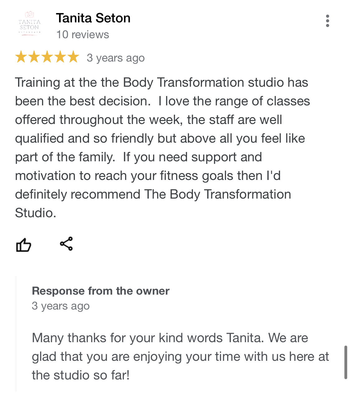 Tanita Seton google review