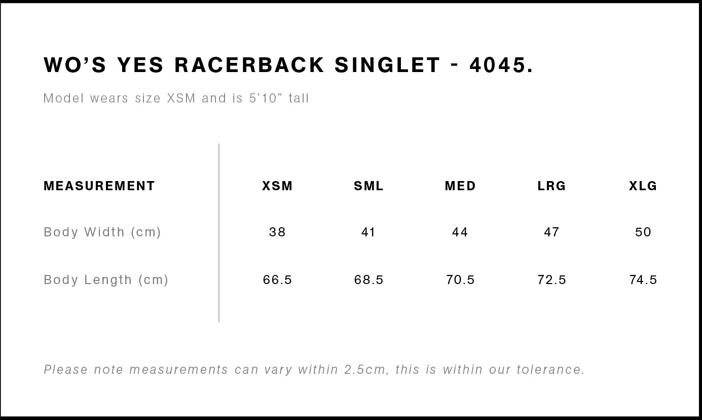 Sizing chart Wo Racerback